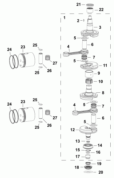 ��������� ����� EVINRUDE E25TESLABF  - �������� & ������ / crankshaft & Pistons