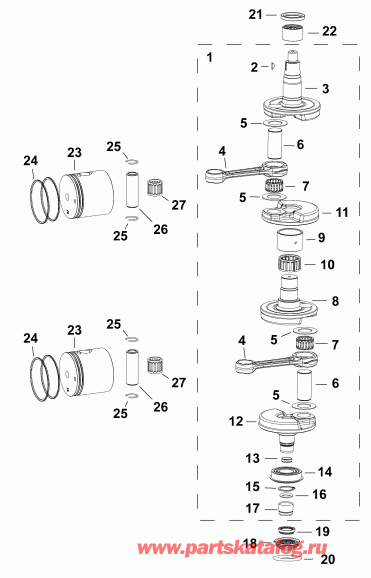 ��������� ����� Evinrude E30DGTLAFB  - crankshaft & Pistons / �������� & ������