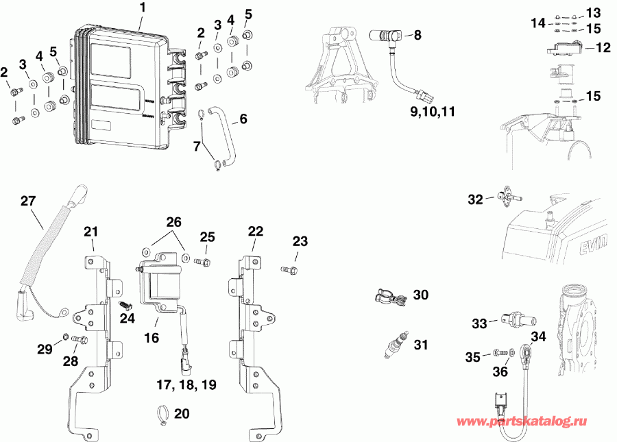 ��������� �������� ����� EVINRUDE E300DCXINM  - m, �������, ������� ���������s & ����� ���������s (3.4 L) / m, Sensors, Ignition Coils & Spark Plugs (3.4 L)