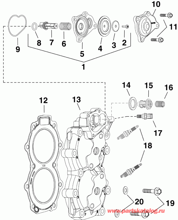  Evinrude E15HTSLAAB  - ������� ����� �������� & ��������� / cylinder Head & Thermostat