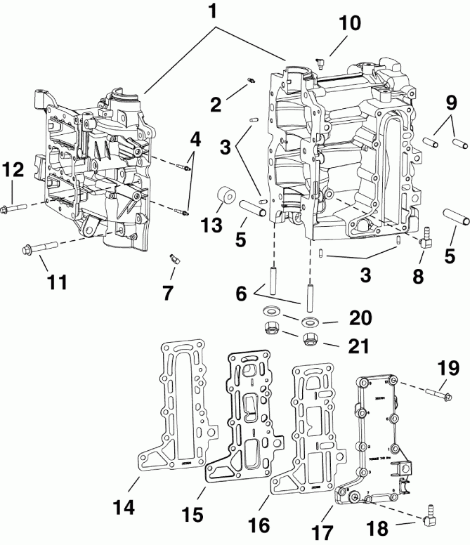 �������� ��������� ����� Evinrude E30DRSAAB  - cylinder & Crankcase / ������� & ������ ���������