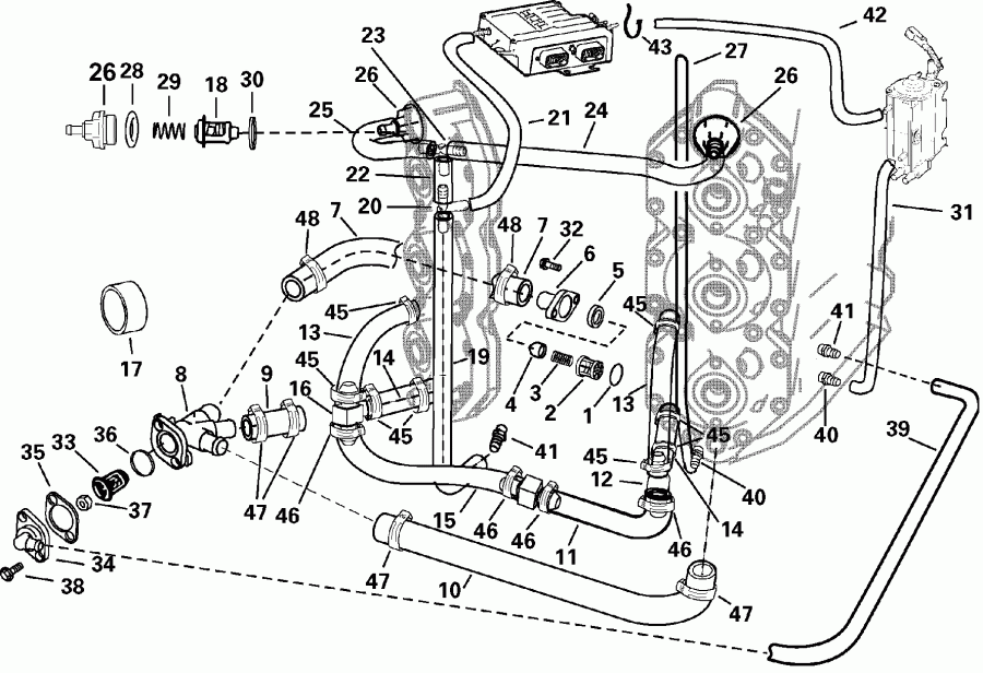��������� ����� EVINRUDE E150FPXSNF Ficht Fuel Injection, 25 in.   - oling Hose Routing