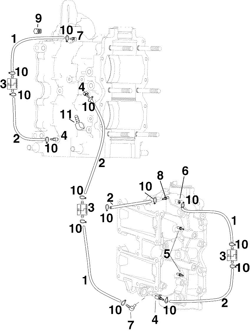 ��������� ��������� Evinrude E40DPLSRC  - linder/crankcase Fittings & Oil Recirculation Hoses / linder / ������ ��������� Fittings & Oil Recirculation �����s
