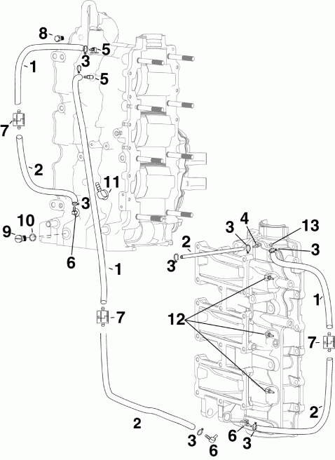  Evinrude E90DPXSUM  - linder / ������ ��������� Fittings & Oil Recirculation �����s - linder/crankcase Fittings & Oil Recirculation Hoses