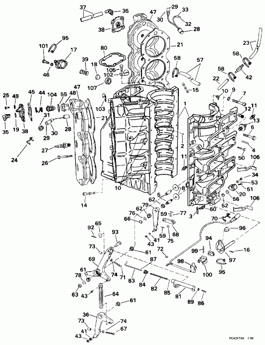 ��������� ��������� Evinrude E225TXEDE 1996  - linder & Crankcase