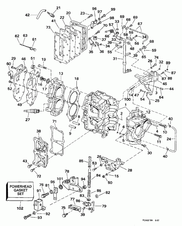 ����� Evinrude E25TEECB 1998  - linder & ������ ��������� / linder & Crankcase