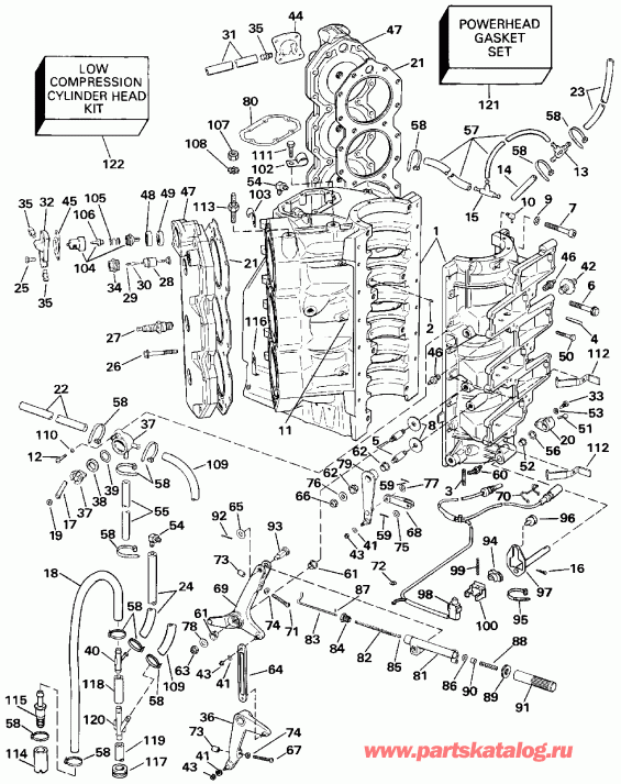 ����� Evinrude E225CXESS 1990  - linder & ������ ��������� / linder & Crankcase