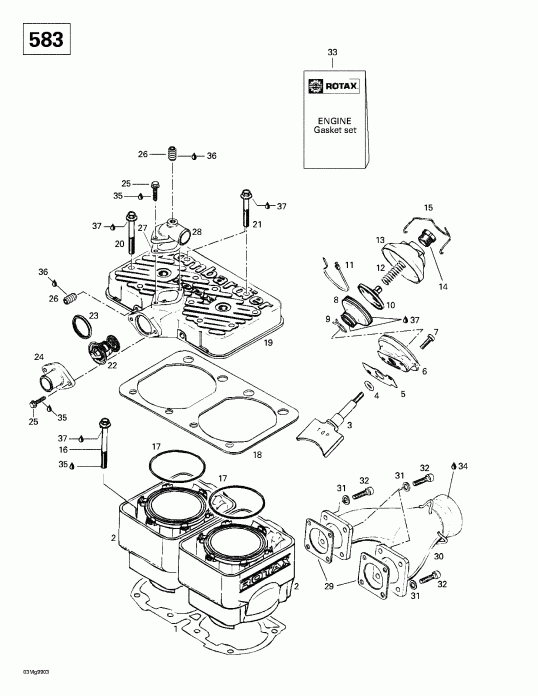  Skidoo - Cylinder, Exhaust Manifold (583)