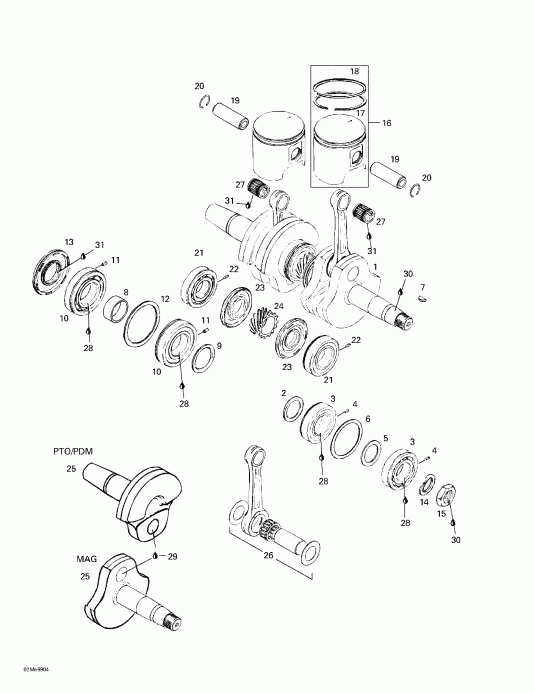 snowmobile Ski-doo MX Z 500/670 HO, 1999  - Crankshaft And Pistons