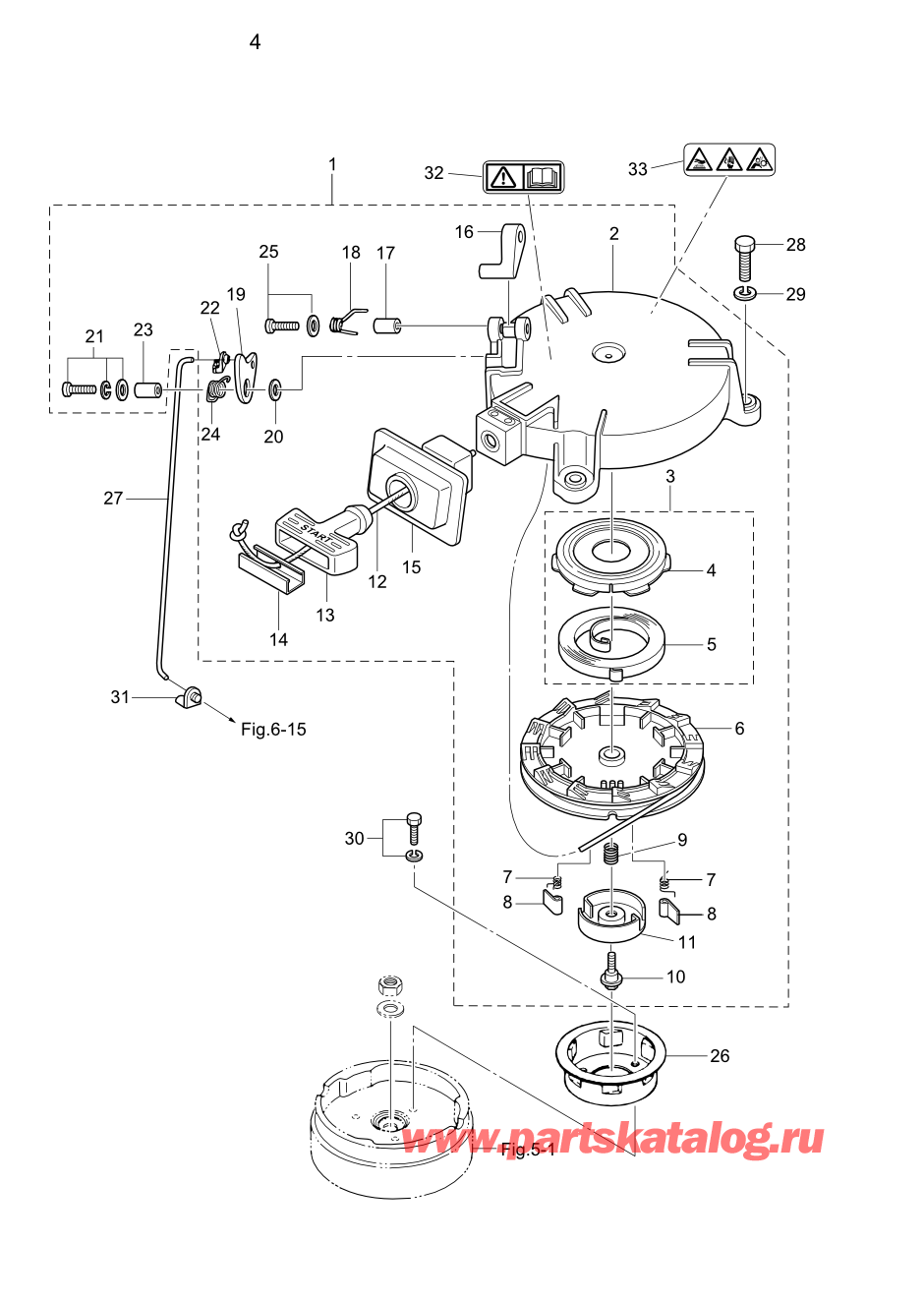 Подвесной двигатель M5B (002-21005-0BB) - Fig.04 Recoil Starter / Starter  Lock - Fig.04 Барабанный стартер / Блокировка стартера