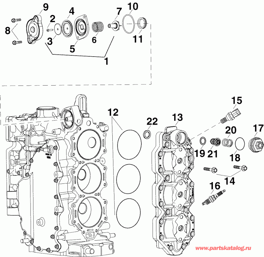 ��������� �������� ����� EVINRUDE E90SNLABA  - ������� ����� �������� & ��������� - cylinder Head & Thermostat