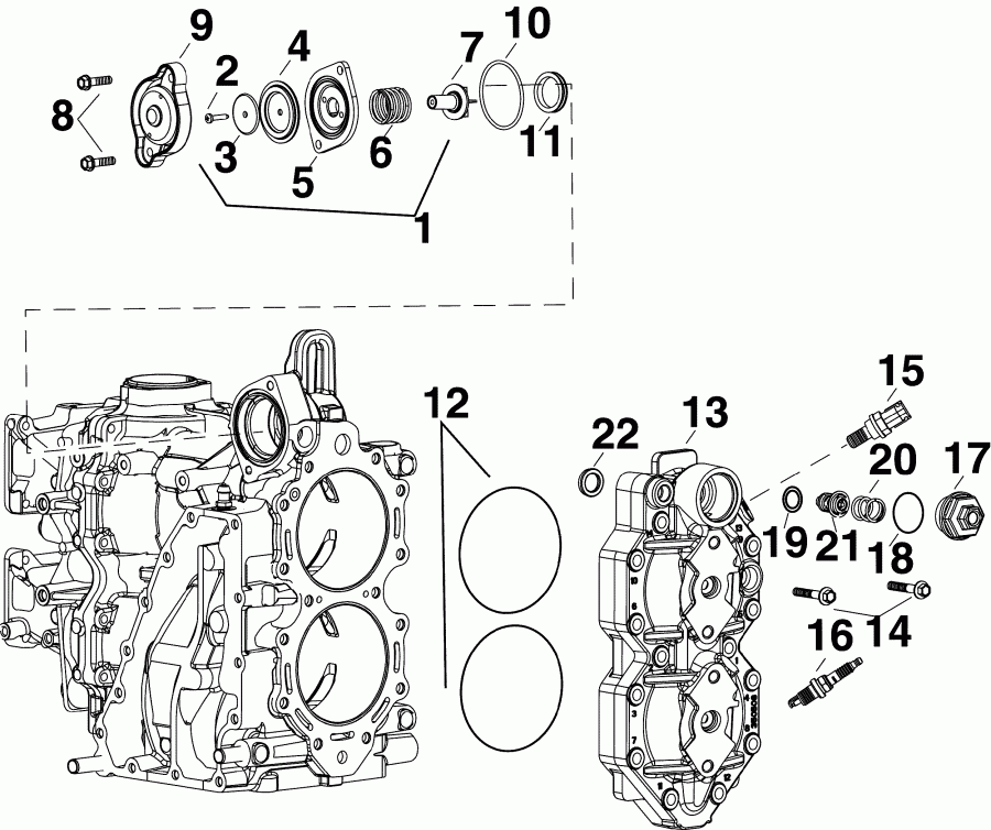 ����� EVINRUDE E40DRLSEE  - linder Head & Thermostat - linder Head & ���������