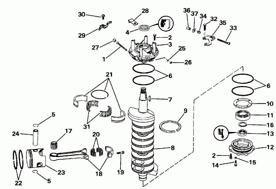 �������� ��������� ����� Evinrude VE225PXESS 1990  - ankshaft & Piston / ank��� & �������