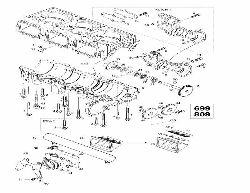  BRP Mach Z, 1997 - Crankcase, Reed Valve, Water Pump (699,809)