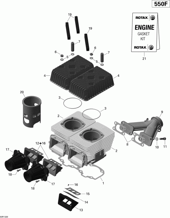  Skidoo MXZ SPORT 550F XP, 2013  - Cylinder, Exhaust Manifold And Reed Valve
